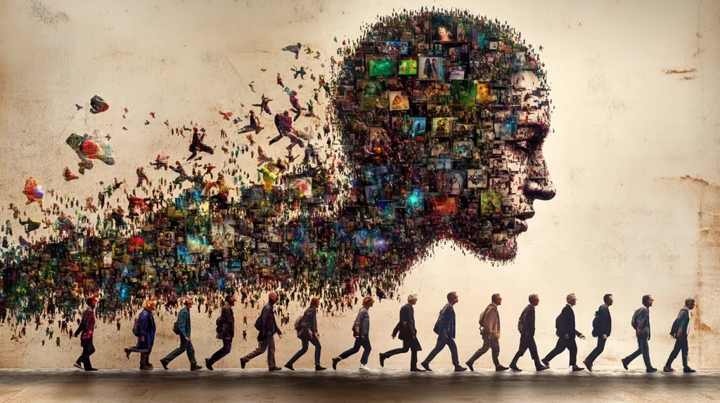 A colossal head, composed of countless miniature figures and images, dominates the artwork.  From this head, smaller figures seemingly emanate and disperse, while a line of individuals walks away from it in silhouette. The background features a textured, aged aesthetic. The piece suggests themes of collective consciousness, memory, or the overwhelming nature of information.