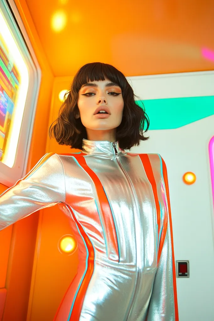 A young woman with short, dark hair models a silver metallic jumpsuit with orange and teal accents. The jumpsuit has a zip-up front and long sleeves. The background is a vibrant orange and teal retro-futuristic setting with glowing lights, creating a striking contrast with the model's attire.  The overall aesthetic is bold and playful, suggesting a futuristic or sci-fi theme.