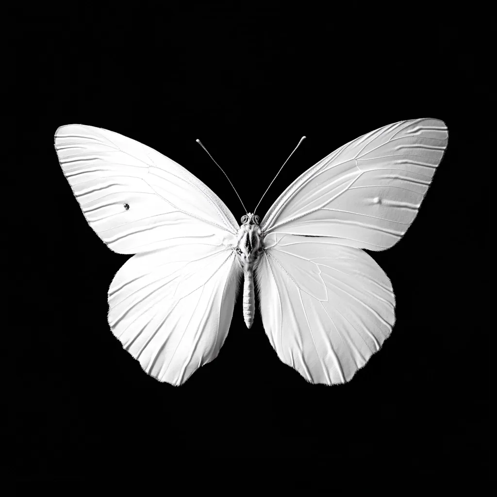 A monochrome close-up captures a large white butterfly against a stark black backdrop.  Its wings are spread wide, showcasing intricate vein patterns and delicate textures.  The image emphasizes the butterfly's elegant form and the dramatic contrast between the bright white of its body and the deep black background.  The detail is sharp, highlighting the fragility and beauty of the insect.