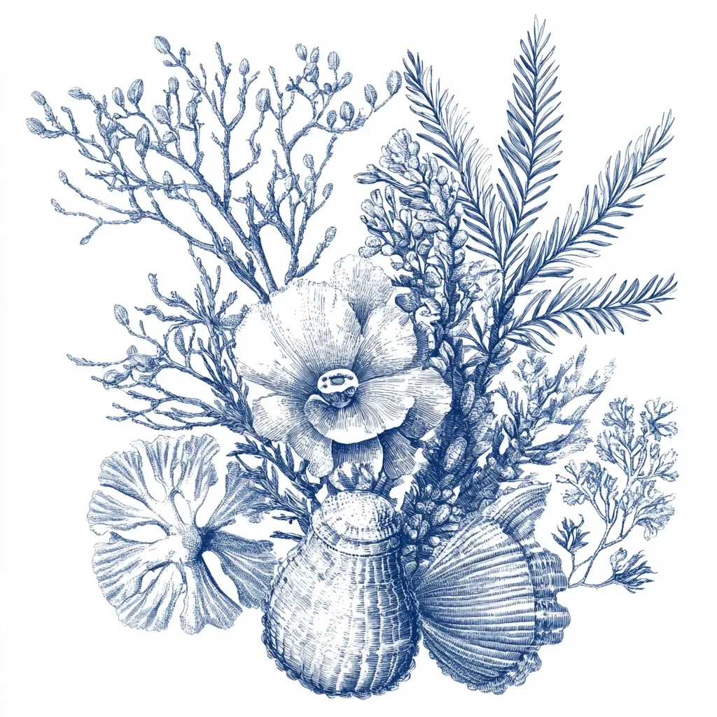 A blue-toned botanical illustration features a stylized arrangement of sea-inspired elements.  Delicate seaweed, sprigs of flowering plants, and meticulously detailed shells are clustered together. A prominent poppy-like flower anchors the composition, surrounded by intricate foliage.  The overall style is reminiscent of vintage botanical prints or coastal-themed artwork.