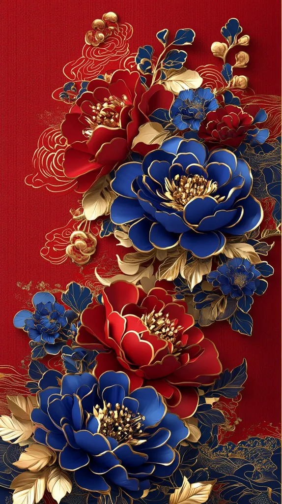 A vibrant digital artwork showcases opulent, stylized flowers in rich red and deep blue hues, accented with gold.  The blooms, possibly peonies, are layered and intricately detailed, creating a three-dimensional effect against a bold red background.  Gold leaf-like elements and swirling patterns enhance the luxurious and celebratory feel, suggesting a theme of festivity or opulence.