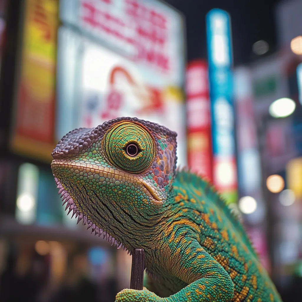 A vibrant chameleon, predominantly green and orange, is the focal point of the image.  Its textured skin and expressive eye are sharply in focus, contrasting with the blurred backdrop of a brightly lit, bustling city street at night.  Neon signs in various colors create a dazzling, out-of-focus background, emphasizing the reptile's striking colors. The chameleon appears to be perched on a dark stick.
