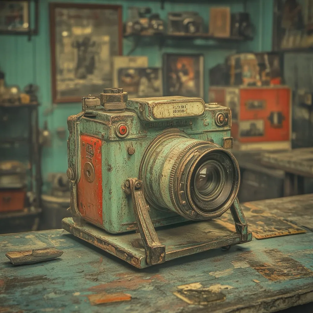 A weathered, teal and orange vintage camera sits on a wooden table.  The camera shows significant signs of age and wear, adding to its antique charm.  The background is blurred but reveals a cluttered room with various other vintage items, including framed photographs and what appear to be old cameras and photographic equipment, creating a nostalgic atmosphere.  The overall scene evokes a feeling of a bygone era of photography.