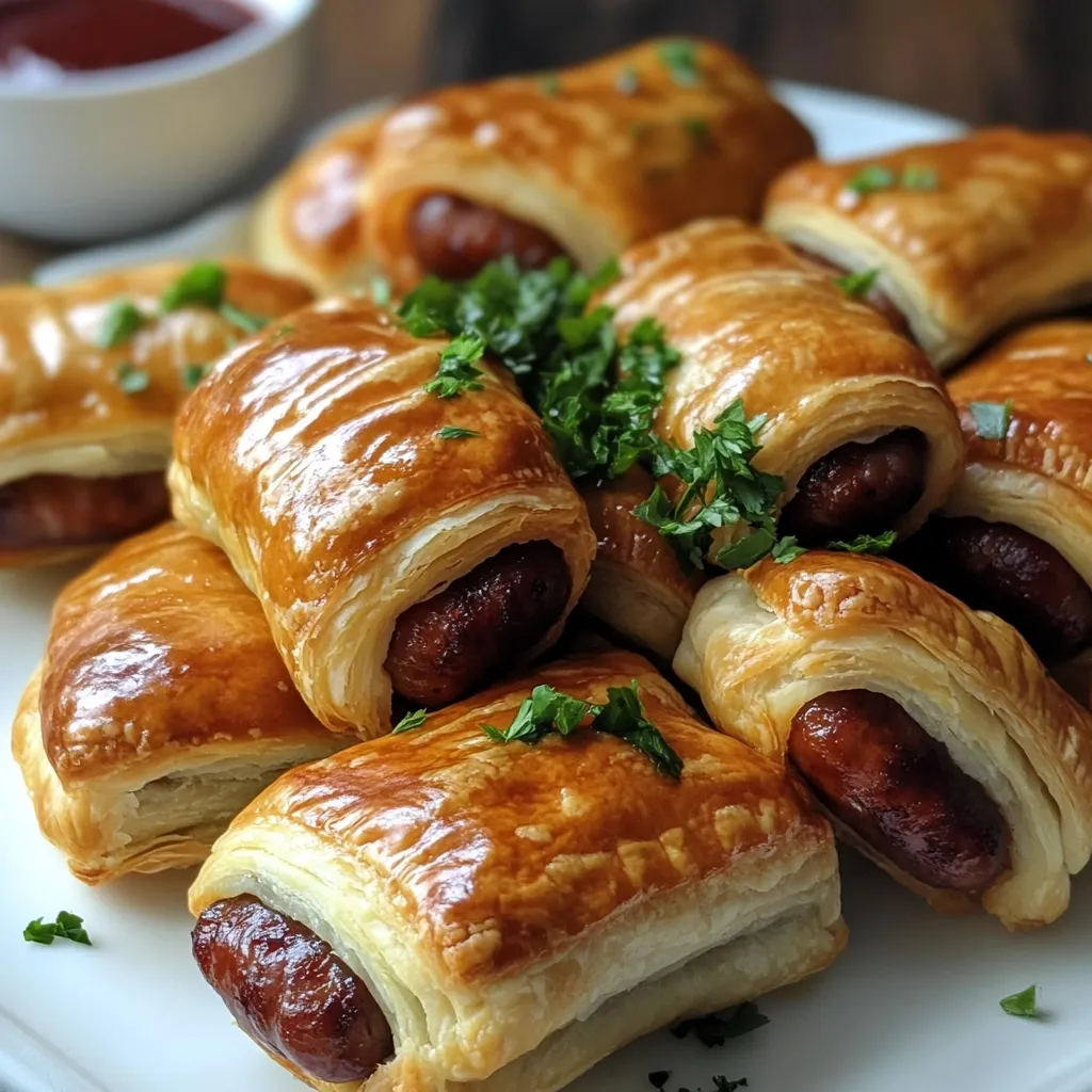 A close-up shot of several golden-brown sausage rolls, neatly arranged on a white plate.  The puff pastry is glistening, and each roll is filled with a visible sausage. Fresh parsley is sprinkled over the pastries. A small bowl of what appears to be ketchup is visible in the background.  The image suggests a delicious and appetizing appetizer or snack.