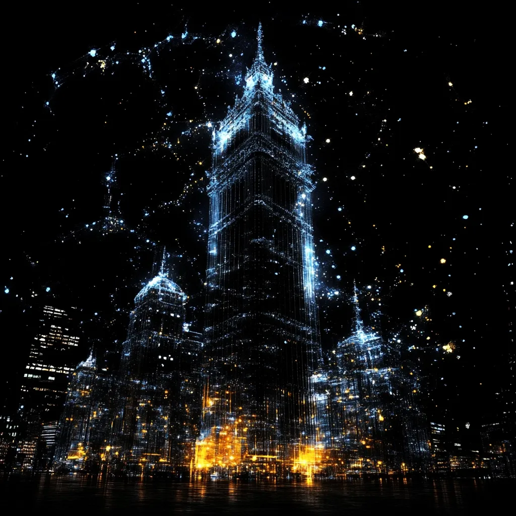 A digital rendering of a cityscape at night, dominated by a tall, slender building resembling Big Ben.  The structures are depicted as shimmering lines of light, creating a futuristic, ethereal effect.  Surrounding buildings are similarly rendered, with warm lights at street level contrasting against the cool blue hues of the main tower.  The dark background is speckled with light particles, enhancing the otherworldly atmosphere.
