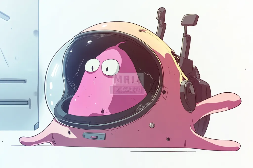 A pink, amorphous creature sits inside a pink, cartoonish spacesuit.  The suit has rudimentary controls and a large, clear helmet. The creature has large, expressive eyes and a surprised expression.  The background suggests a sterile, possibly space station, environment. The overall style is whimsical and slightly surreal.