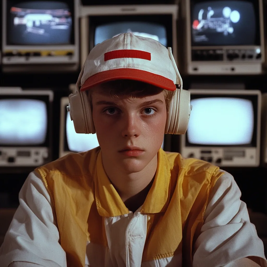 A young man with blonde hair wears a white and red baseball cap and large white over-ear headphones.  He's dressed in a yellow and white collared shirt, and sits before a wall of vintage television sets displaying static or blurred images. His expression is serious and slightly sullen. The overall aesthetic is retro and nostalgic.