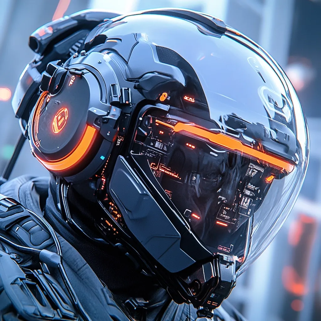 A close-up shot reveals a futuristic helmet, sleek and dark gray with vibrant orange accents.  The transparent visor displays internal circuitry, glowing with an inner light.  Integrated headphones with orange highlights suggest advanced communication capabilities. The helmet's design is intricate, hinting at a technologically advanced, possibly military or sci-fi, context.  The overall aesthetic is one of high-tech sophistication and power.