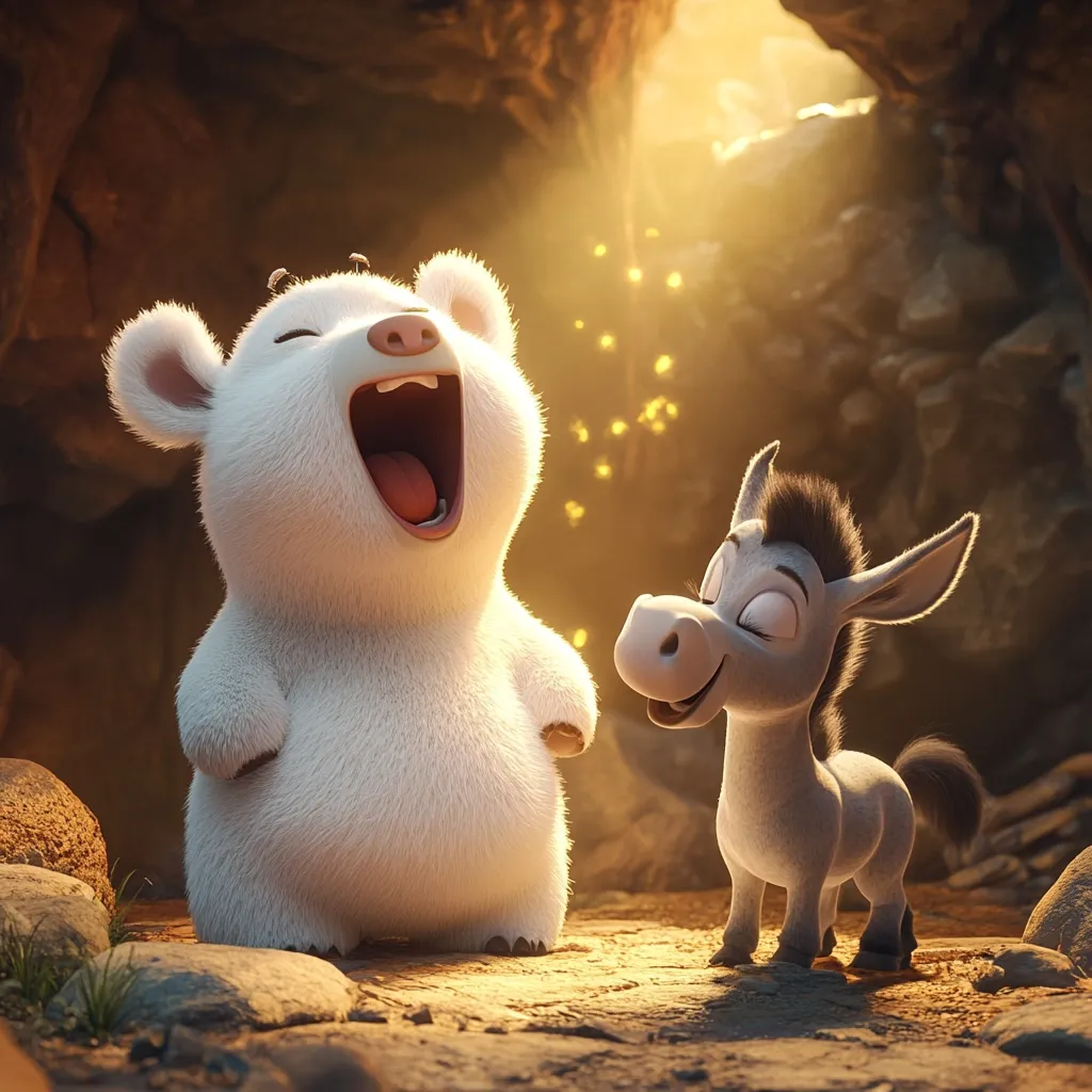 A fluffy white bear cub with its mouth wide open in a joyful yell stands next to a smiling grey donkey in a dimly lit cave.  Golden light streams from the cave entrance, illuminating the adorable duo.  The scene is rendered in a charming, 3D animation style, suggesting a heartwarming moment from a children's film.