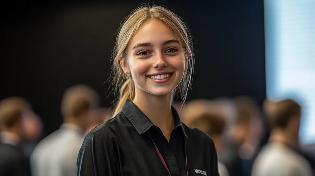 A young woman with long blonde hair pulled back in a ponytail smiles warmly at the camera.  She's wearing a black collared shirt and a lanyard around her neck.  The background is blurred, showing other people, suggesting a conference or event setting.  Her expression is friendly and approachable.