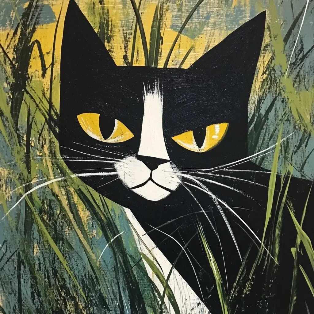 A stylized painting depicts a black and white cat with striking yellow eyes, partially hidden within tall grasses. The cat's features are simplified, yet expressive, with bold black and white shapes contrasting against a vibrant background of greens and yellows. The artwork's style suggests a mid-century modern or folk art influence, showcasing a playful yet sophisticated representation of a feline amidst nature.  The brushstrokes are visible, adding texture to the image.