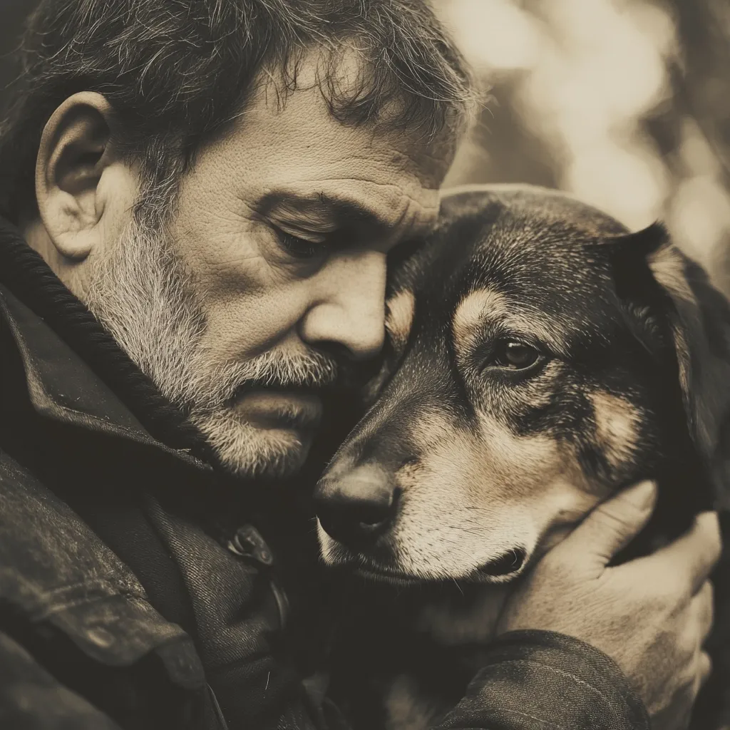 A sepia-toned close-up captures a poignant moment between a man and his dog.  The man, with a weathered face and graying beard, gently holds the dog close, their heads touching.  The dog's eyes are soft and trusting, mirroring the man's tender expression. The image conveys a deep bond of companionship and affection. The muted tones enhance the emotional depth of the scene.