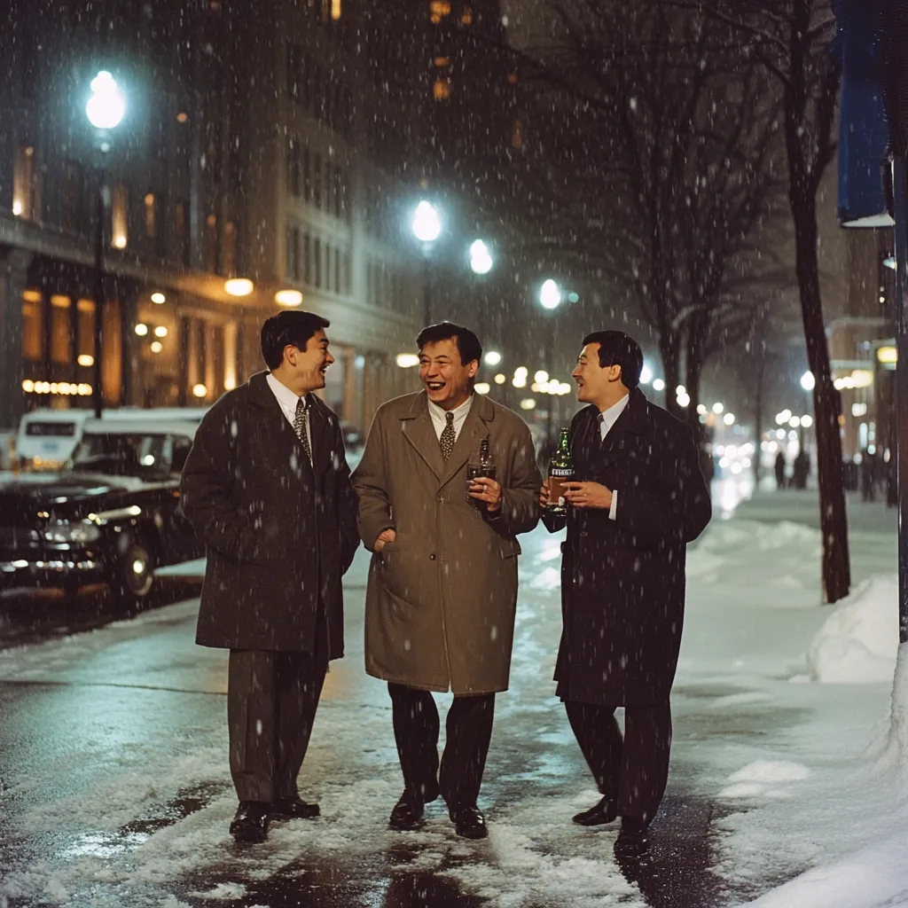 Three men in overcoats stroll down a snowy city street at night, laughing and sharing drinks.  Streetlights illuminate the scene, reflecting on the wet pavement.  The men appear jovial and well-dressed, enjoying a convivial evening.  Snow lightly falls, adding to the atmospheric ambiance of the nighttime urban setting.