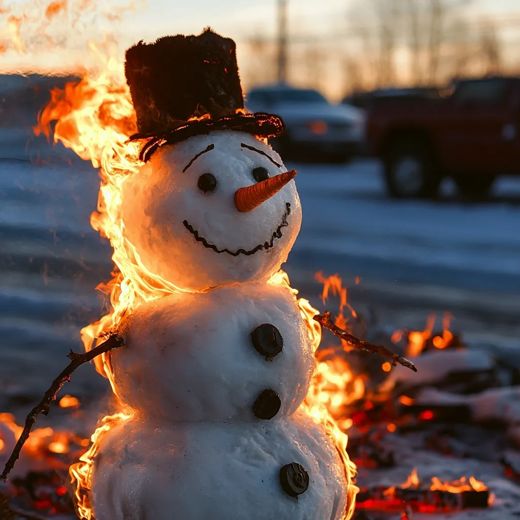 A snowman, adorned with a top hat, is engulfed in flames.  The vibrant orange and yellow flames contrast with the white snow.  The snowman's cheerful face remains visible amidst the fire, creating a surreal and slightly unsettling scene.  The background shows a blurred out winter landscape with cars parked in the distance.