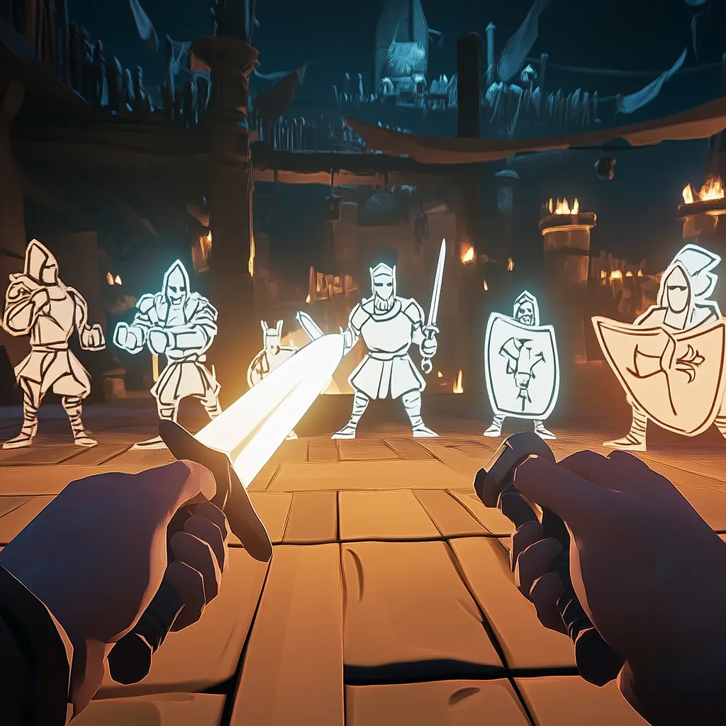 A first-person perspective of a virtual reality game. The player wields a glowing sword, facing several stylized, white outline figures of medieval soldiers and shield-bearers.  The background depicts a dimly lit, medieval-style setting with torches and a town in the distance. The scene suggests a combat or challenge within the game's narrative.