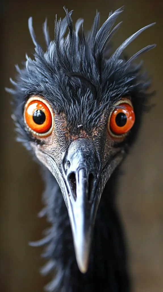 A close-up shot reveals a bird, possibly an emu, with striking features. Its dark, almost black plumage is ruffled, and its bright orange eyes are intensely focused on the viewer. The bird's beak is long, pointed, and dark gray, contrasting sharply with its vibrant eyes. The overall impression is one of intense curiosity or perhaps a watchful alertness.  The background is blurred, drawing focus to the bird's detailed features.