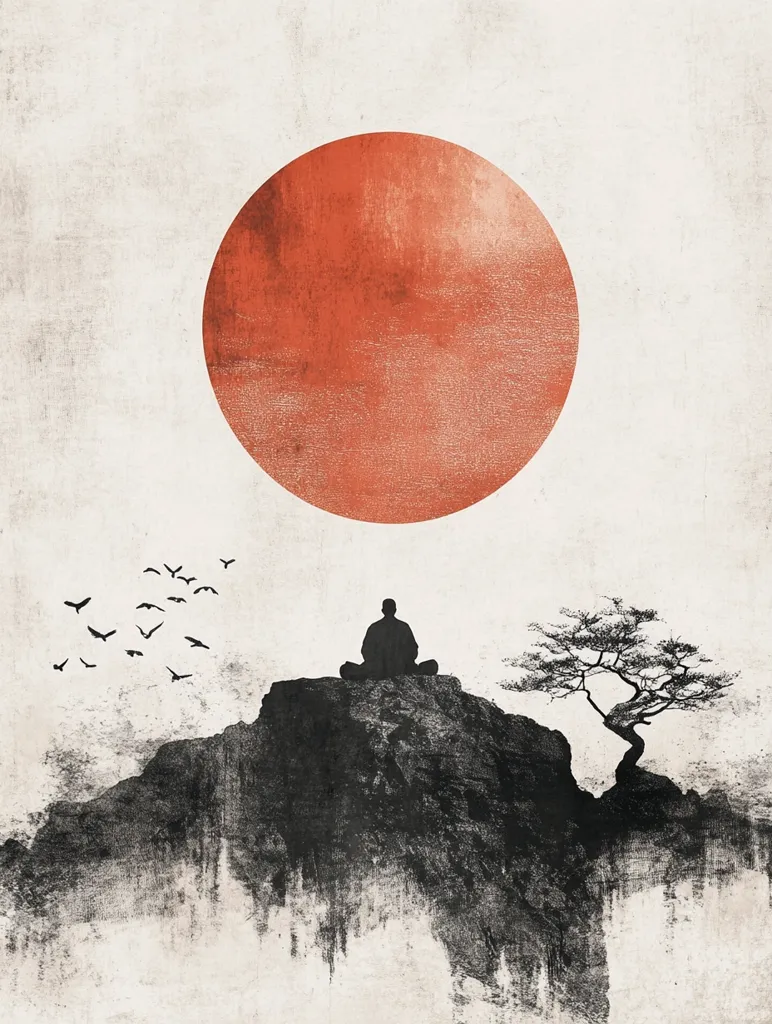 A serene minimalist artwork depicts a silhouetted monk meditating atop a rocky outcrop, a large, textured red sun dominating the upper half.  A small bonsai-like tree sits to the right, and a flock of birds fly to the left. The style is reminiscent of East Asian ink wash painting, with a textured, off-white background creating a sense of calm and contemplation.