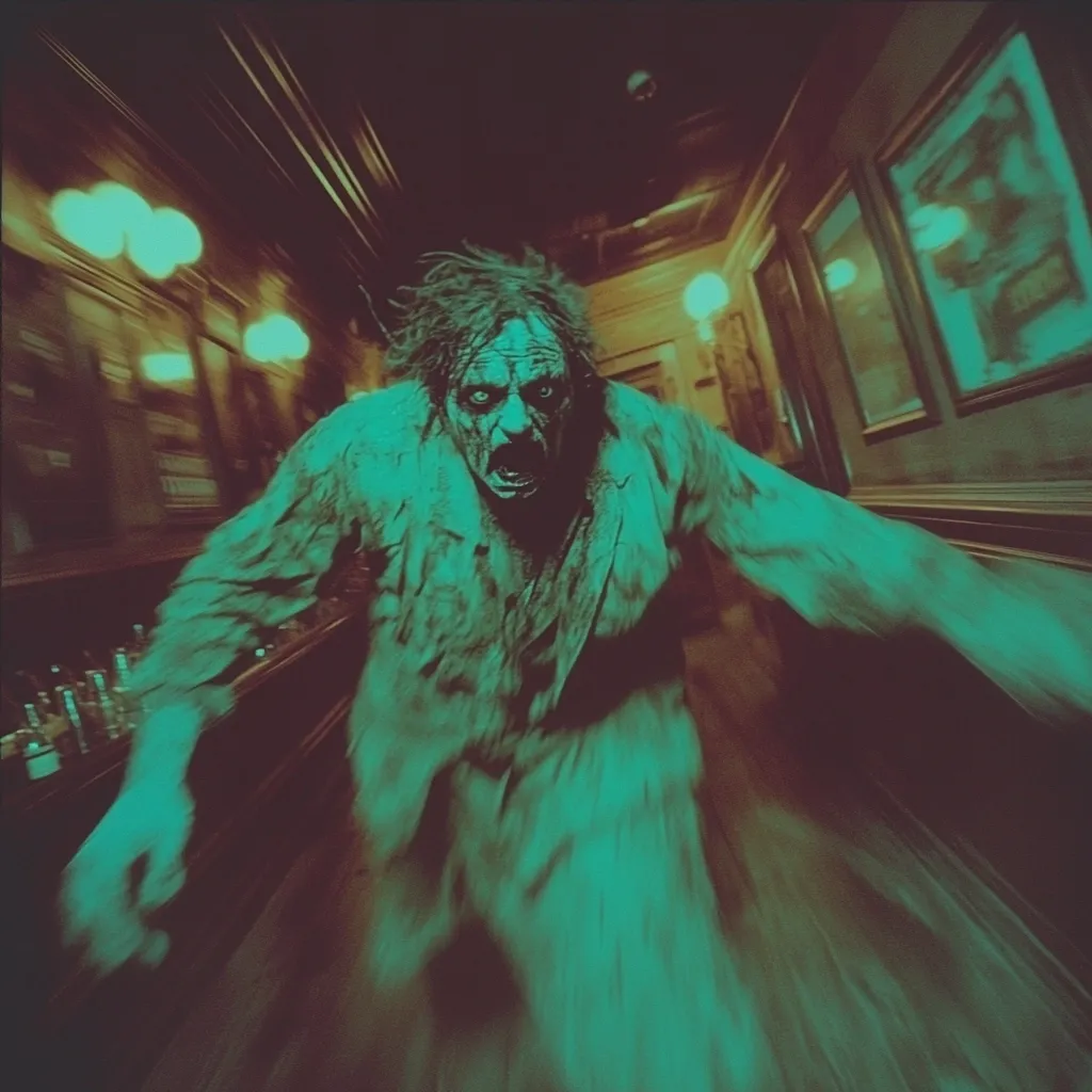 A horrifying, decaying figure, seemingly a ghost or zombie, lunges down a dimly lit hallway.  Its grotesque face is contorted in a silent scream, and its tattered robe flows behind it in a motion blur. The greenish-teal color palette enhances the eerie atmosphere of the scene, which is reminiscent of a haunted house or a terrifying film still.  The background features a dark, antique interior with wall sconces casting a weak, yellowish light.