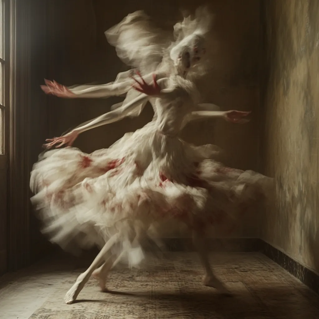 A ballerina, captured in motion blur, wears a flowing white tulle dress splattered with red.  Her pose suggests a dynamic leap or twirl. The image is dark and moody, with a textured background hinting at age and decay. The overall effect is ethereal and slightly unsettling, blending beauty with a sense of fragility and possibly violence.