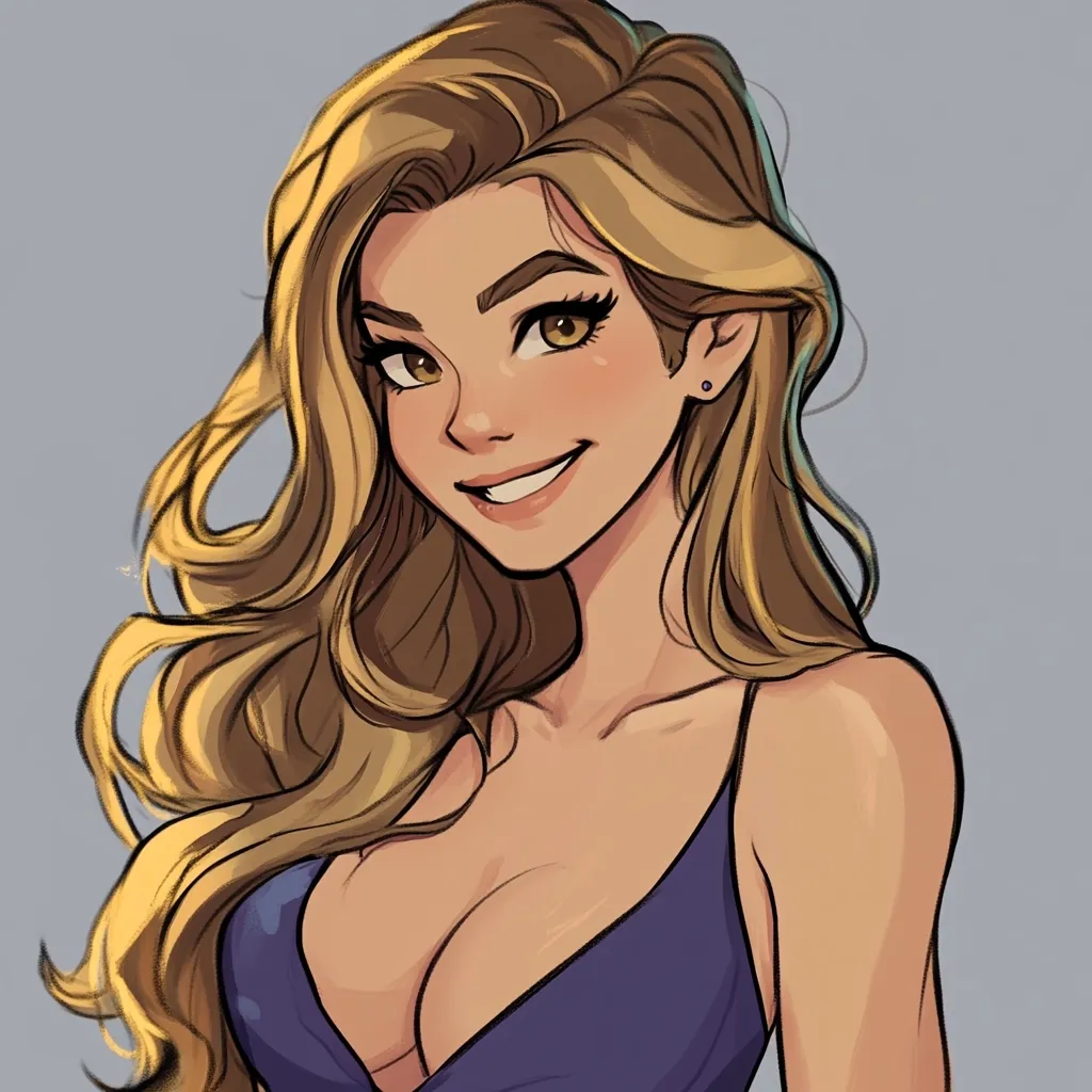 A stylized illustration of a young woman with long, flowing blonde hair.  She's depicted from the chest up, wearing a purple v-neck dress. Her expression is a confident and friendly smile. The art style is reminiscent of modern animation or graphic novels, with smooth lines and vibrant coloring.  She has brown eyes and a warm complexion.