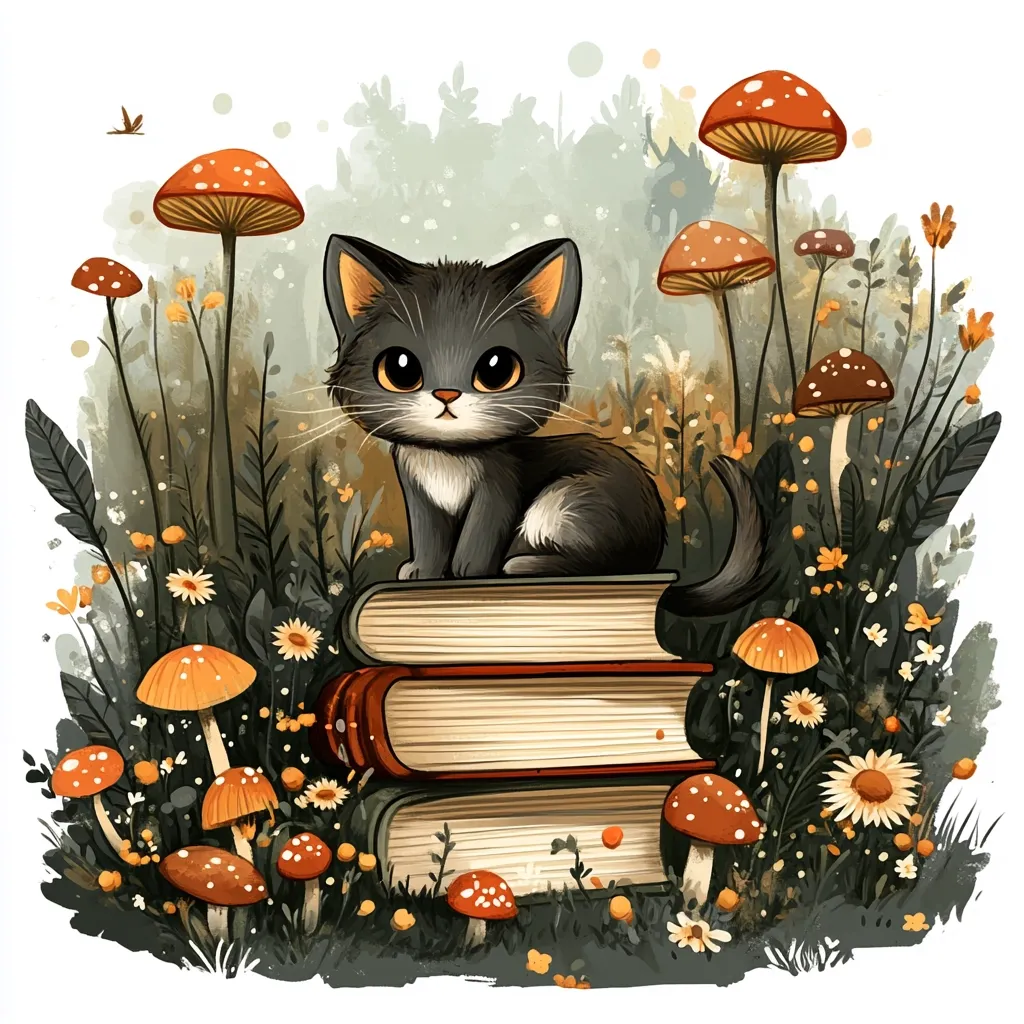 A charming illustration depicts a grey and white kitten perched atop a stack of three books.  Surrounding the kitten is a whimsical garden filled with vibrant wildflowers and numerous toadstools in varying shades of orange and red. The scene is soft and dreamy, suggesting a magical, enchanting atmosphere.