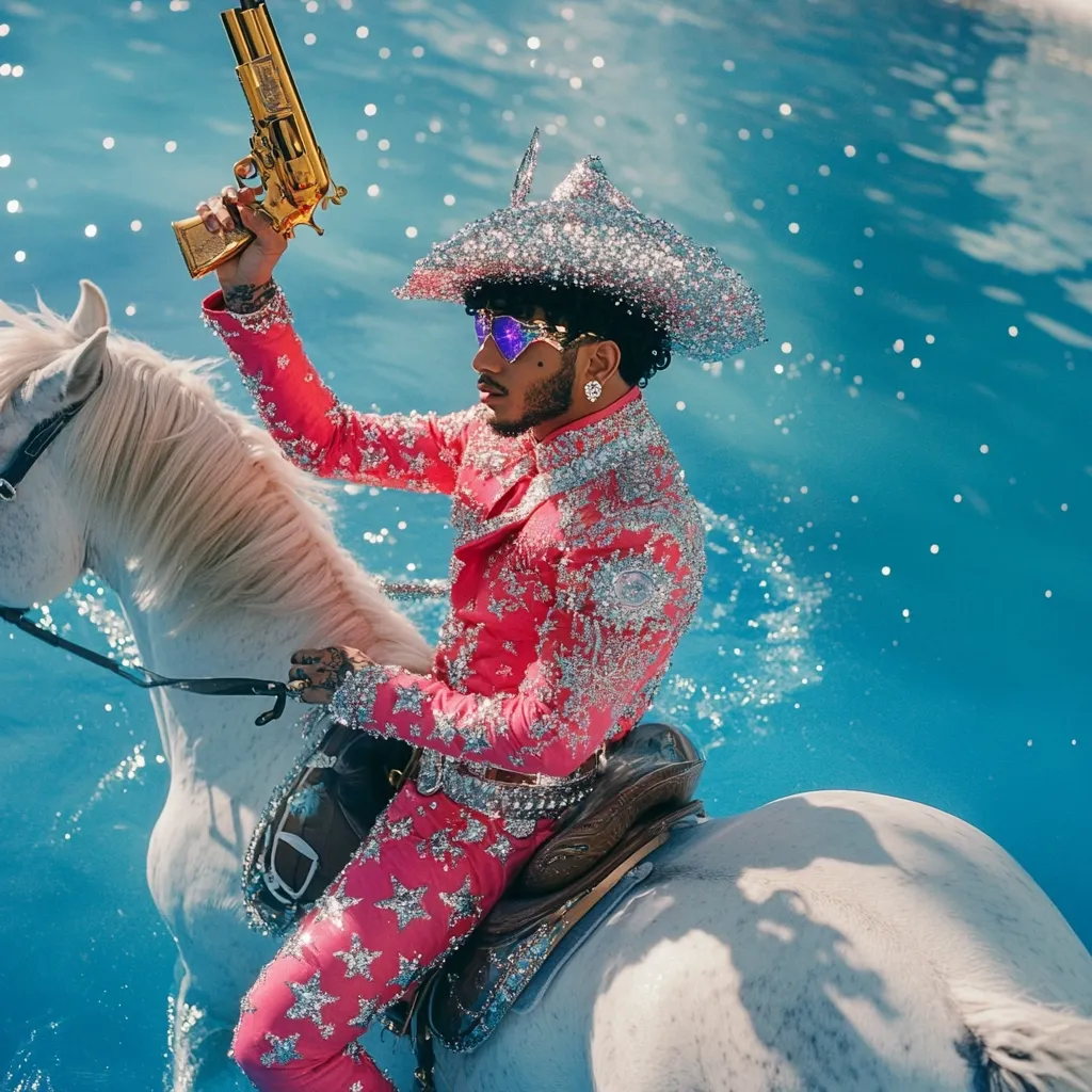 A man in a sparkling pink charro suit and a bedazzled sombrero rides a white horse in a turquoise pool. He holds a gold-colored pistol aloft.  The scene is vibrant and stylized, with a surreal and luxurious feel.  The water splashes around the horse, creating a dynamic image.