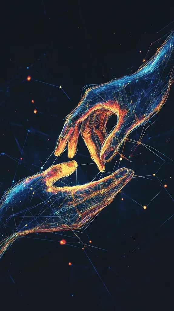 Two hands, rendered in vibrant, interconnected lines of light, reach towards each other against a dark, starry backdrop.  The ethereal image evokes a sense of connection, perhaps representing unity, support, or the bridging of a gap.  Warm and cool colors blend, creating a visually striking and emotionally resonant piece.  The network of lines suggests a digital or cosmic link between the two hands.