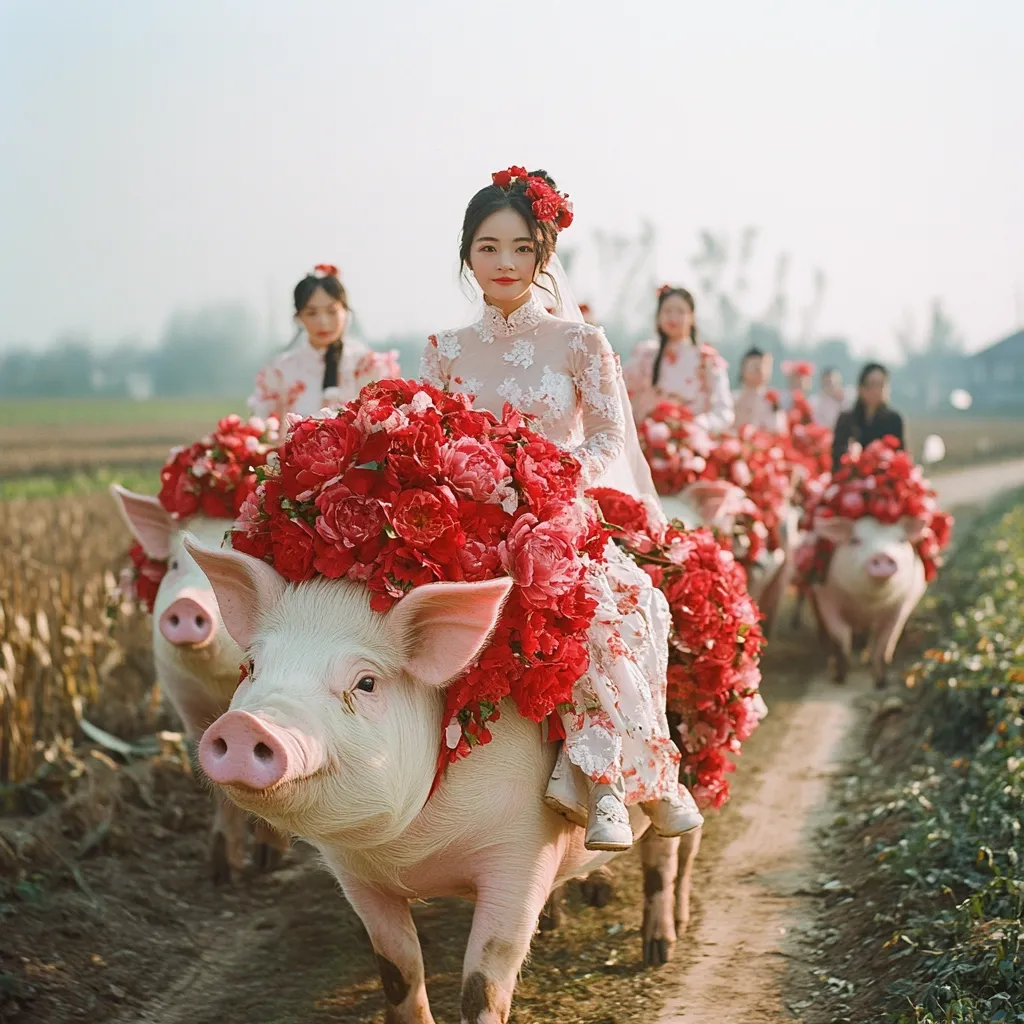 A bride in a white floral dress rides a pig adorned with a large crown of red peonies.  Other women in similar dresses follow, each riding a similarly decorated pig.  The procession moves down a dirt road, surrounded by a field.  The scene is whimsical and charming, suggesting a unique and festive event.