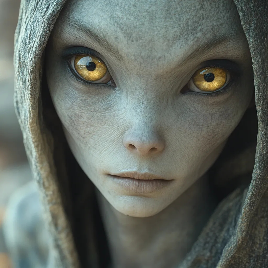 Close-up of an alien's face.  Pale grey skin, large, almond-shaped eyes with golden irises, and a neutral expression are prominent features. The alien is partially concealed by a grey hooded garment, adding to the mysterious and otherworldly feel. The image is highly detailed, emphasizing texture and subtle shading.