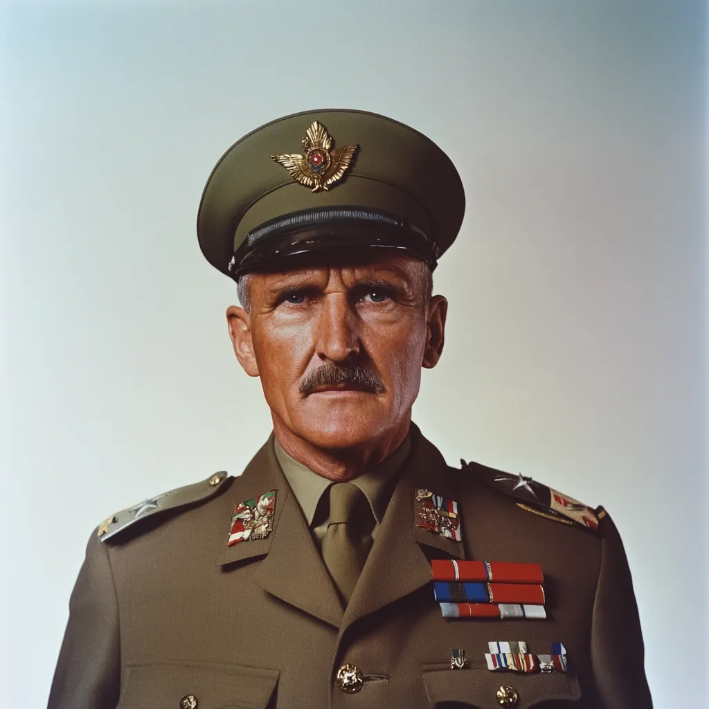 A close-up portrait of a man in a military uniform. He wears a peaked cap with a gold emblem, a khaki double-breasted jacket adorned with various medals and ribbons, and a serious expression.  His mustache is prominent, and he appears to be of middle age or older. The background is a plain, light beige.