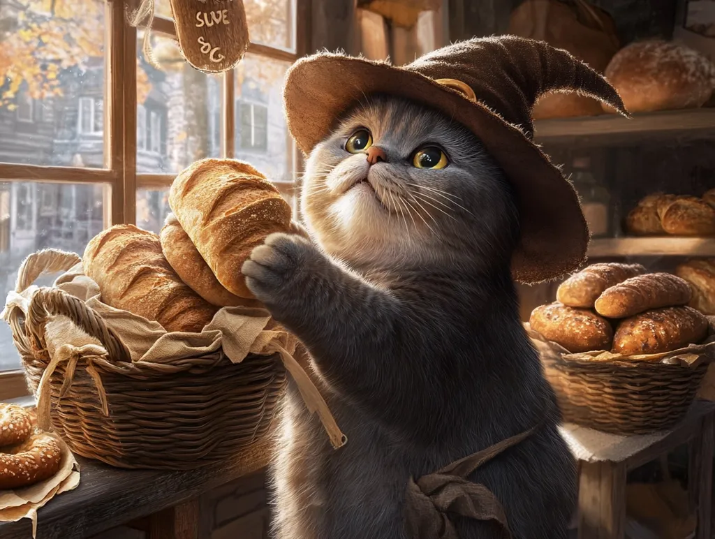 A gray cat, wearing a brown witch's hat, stands in a bakery.  Its paws delicately hold a loaf of bread from a wicker basket overflowing with freshly baked goods.  Another basket nearby contains rolls. The scene is set in a rustic, old-world bakery with a window showing autumnal foliage. The cat appears to be enchanted by the bread, its expression one of quiet contemplation and delight.