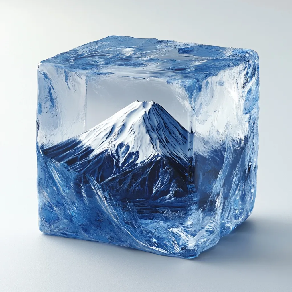 A large, translucent ice cube contains a miniature depiction of Mount Fuji.  The ice is a vibrant blue, with intricate details showing its crystalline structure. The mountain within is rendered in shades of blue and white, capturing the snow-capped peak and its surrounding landscape. The contrast between the cold, frozen ice and the iconic mountain creates a striking visual effect.