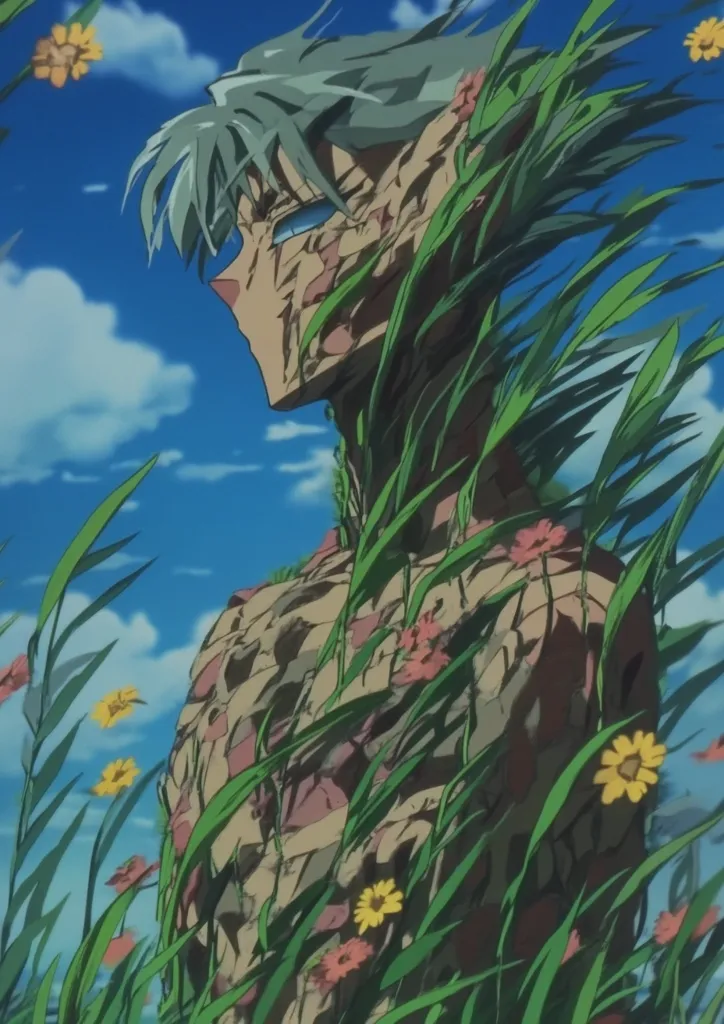 A stylized anime figure, seemingly male, stands amidst tall grass and wildflowers under a bright blue sky.  His body is partially eroded or textured like stone, with grass and flowers growing from the crevices.  His expression is serious, and his light grey hair blows in the wind. The overall aesthetic is melancholic yet serene.