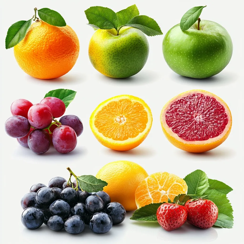 A vibrant collection of fresh fruits is displayed against a white backdrop.  Included are oranges, a green apple, a red apple, red and black grapes, a grapefruit half, an orange half, a lemon, a mandarin orange, and two strawberries.  The fruits are arranged in a visually appealing manner, showcasing their natural colors and textures.  The leaves add a touch of freshness to the composition.