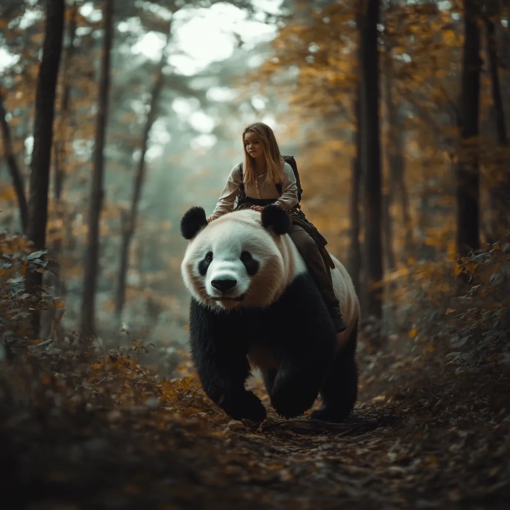 A young girl sits atop a giant panda, traversing a forest path.  The panda is large and appears almost human-sized, walking through autumnal woods. The girl wears a light-colored top and carries a backpack, appearing serene as she rides the unlikely steed.  The scene is dreamlike and whimsical, with a mystical atmosphere created by the deep shadows and muted colors of the forest.