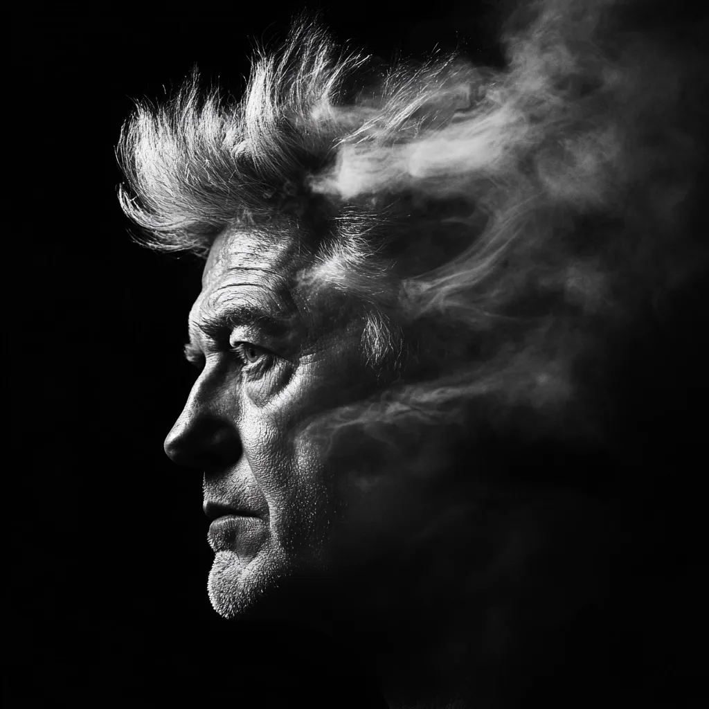 A black and white close-up portrait of an older man's profile.  His face is partially obscured by ethereal smoke or mist, creating a moody and pensive atmosphere.  The man's expression is serious, his gaze directed away from the viewer. The image evokes a sense of mystery and contemplation.  His hair is textured and stands out against the dark background.