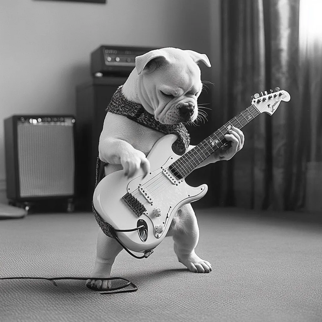 A black and white photo shows a white bulldog puppy playing an electric guitar.  The puppy is standing on a carpeted floor, wearing a small knitted scarf.  Amplifiers are visible in the background. The scene is humorous, depicting the dog as a miniature rock star.  The focus is sharp on the puppy and the guitar.