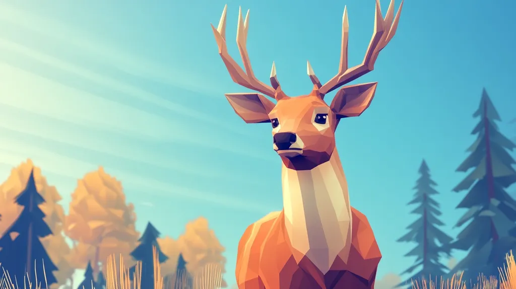 A low-poly deer stands in a stylized forest clearing.  The deer, rendered in shades of orange and brown, is the focal point against a backdrop of simplified trees and a clear blue sky.  The geometric style emphasizes sharp angles and clean lines, creating a visually distinct and serene image.  The overall aesthetic is calming and minimalist.