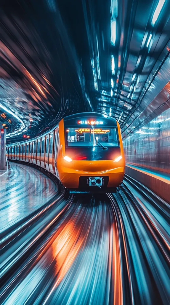 A vibrant image captures a high-speed train speeding through a futuristic-looking subway tunnel.  The train's bright orange and dark accents contrast against the cool blues and purples of the tunnel's lighting. Motion blur emphasizes the train's velocity, creating streaks of light and color. The scene evokes a sense of rapid transit and technological advancement.