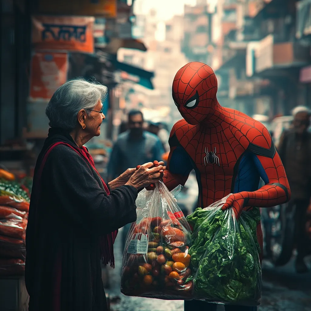 In a bustling marketplace, Spider-Man, in his iconic suit, assists an elderly woman by carrying her groceries.  He gently holds plastic bags filled with fresh produce—tomatoes and leafy greens.  The scene contrasts the fantastical superhero with the everyday reality of a busy market street, highlighting a moment of unexpected kindness.  The image is rich in detail and evokes a sense of heartwarming community interaction.