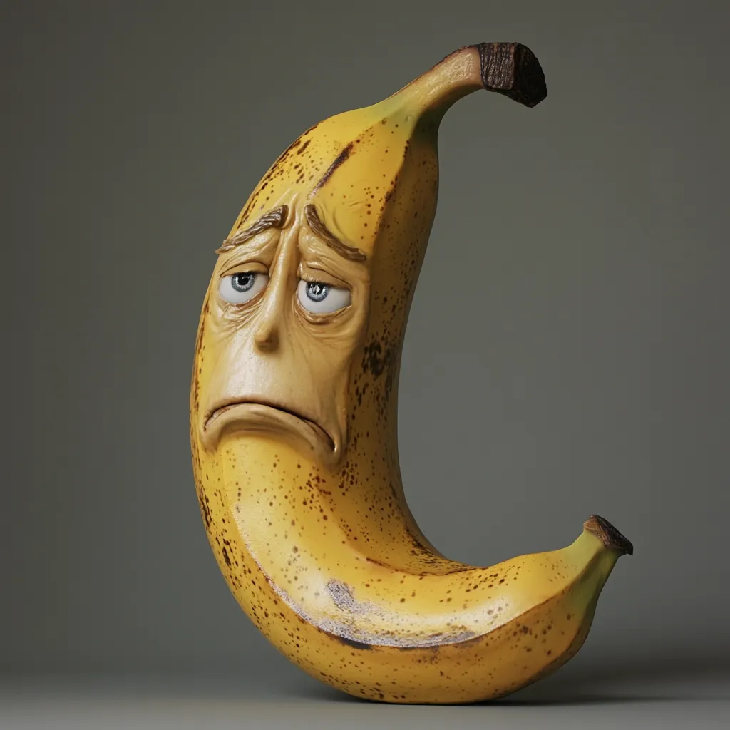 A banana-shaped sculpture with a meticulously crafted, sad-looking human face.  The banana's peel is realistically textured, showing speckles and subtle discoloration. The expression is melancholic, with downturned eyes and mouth, conveying a sense of dejection or weariness. The piece is artfully lit against a neutral background, highlighting the detail of the sculpt.
