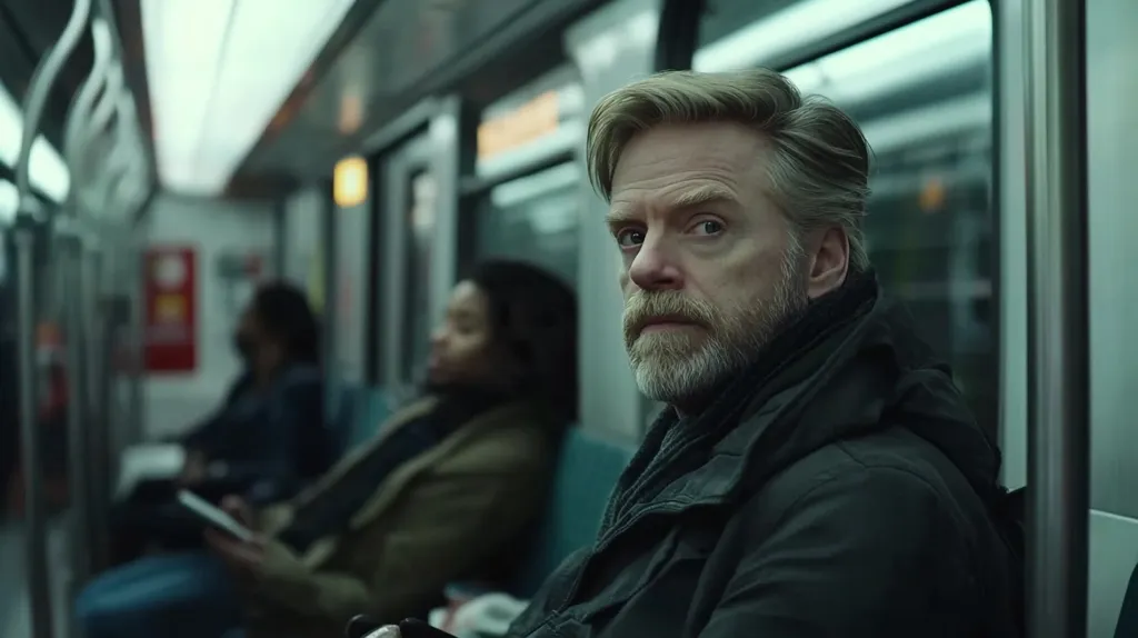 A middle-aged man with graying blond hair and a beard sits on a subway car, looking directly at the viewer.  He wears a dark jacket.  In the background, blurred figures of other passengers are visible. The overall atmosphere is somber and slightly moody, characteristic of a film still. The man's expression is serious and intense.