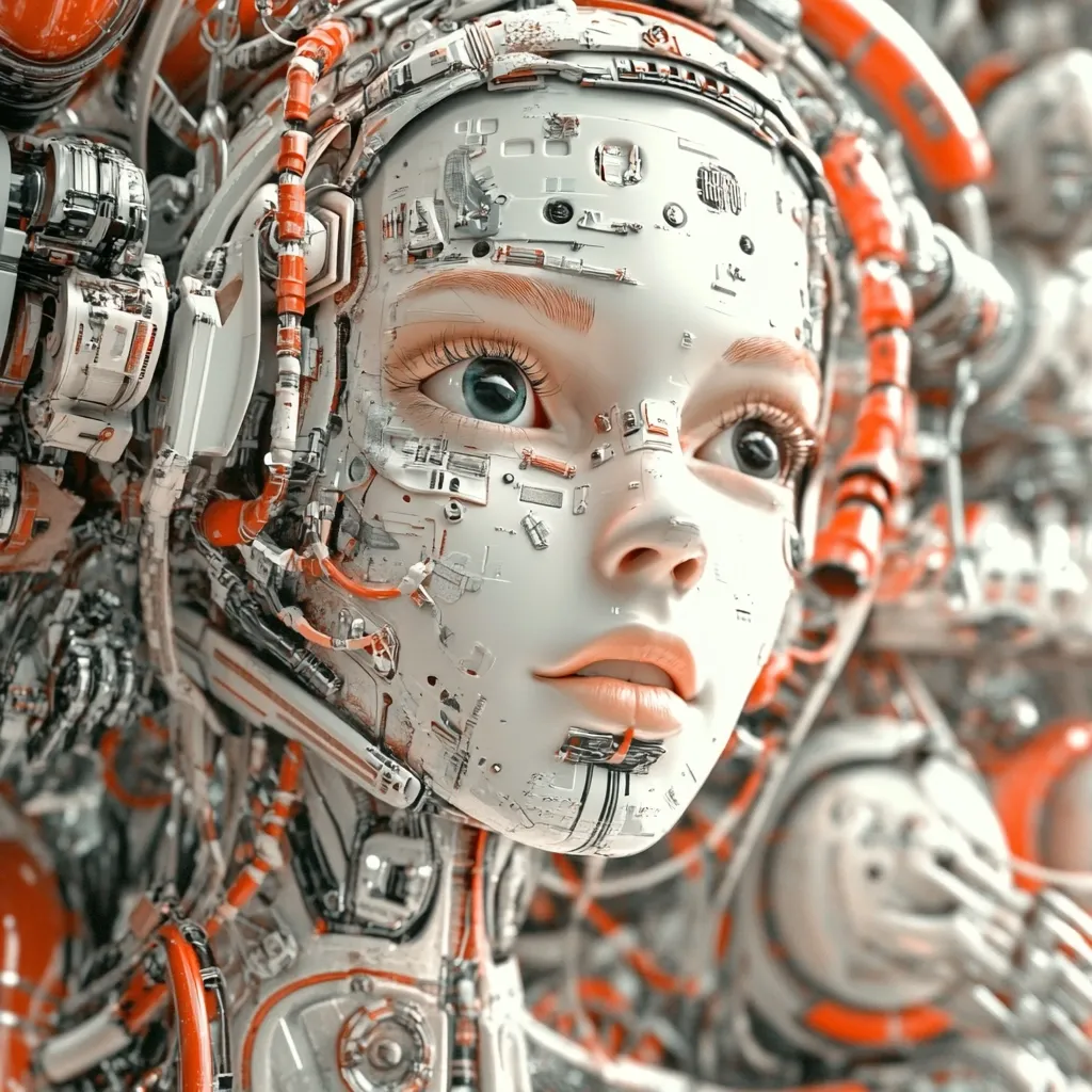 A close-up reveals a cyborg's face, a blend of human and machine.  Her porcelain skin is overlaid with intricate circuitry and mechanical components, predominantly white and accented with orange tubing.  The detailed design suggests a complex internal system.  The overall aesthetic is one of futuristic technology interwoven with delicate human features, creating a striking contrast.  The background is blurred, but shows similar robotic elements, emphasizing the cyborg's place within a larger mechanical environment.