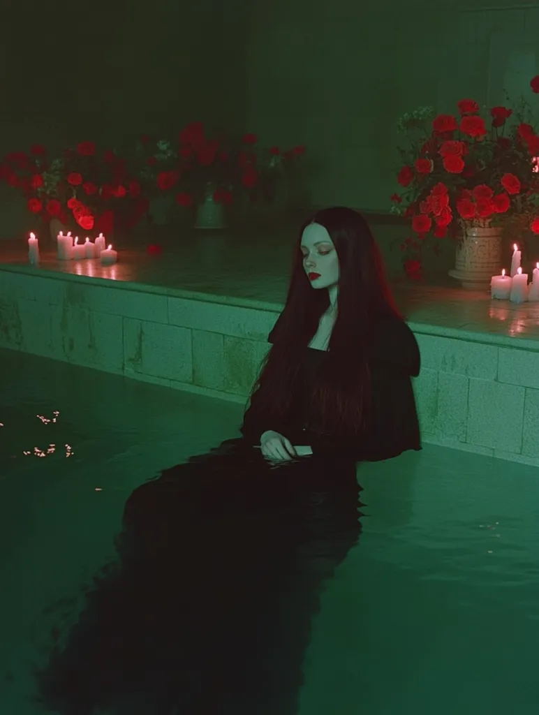 A woman with long dark hair, wearing a black gown, sits submerged in a dark green pool.  Lit by flickering candlelight, red roses in vases flank the scene, creating a moody, almost gothic atmosphere.  The setting appears to be an old, tiled room. The image evokes a sense of mystery and quiet contemplation.