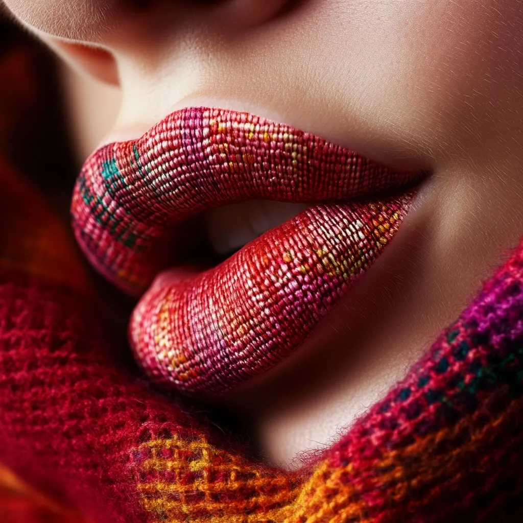Close-up of a woman's lips adorned with intricately textured, red and gold patterned lipstick. The makeup mimics the appearance of woven fabric, creating a striking contrast against her smooth skin.  She is partially wrapped in a similarly colored, knitted scarf, complementing the unique lip design. The image is a study in texture and rich, autumnal hues.