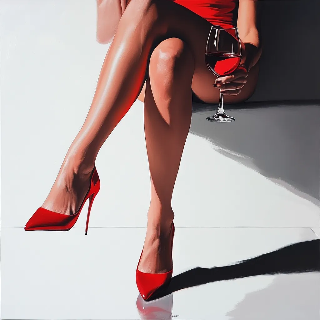 A hyperrealistic painting depicts a woman's legs, clad in red high heels, elegantly crossed.  She is wearing a red dress and holds a glass of red wine.  The scene is minimalist, with a bright white background that contrasts sharply with the rich red tones of the woman's attire and the wine.  The painting emphasizes smooth skin texture and the interplay of light and shadow.