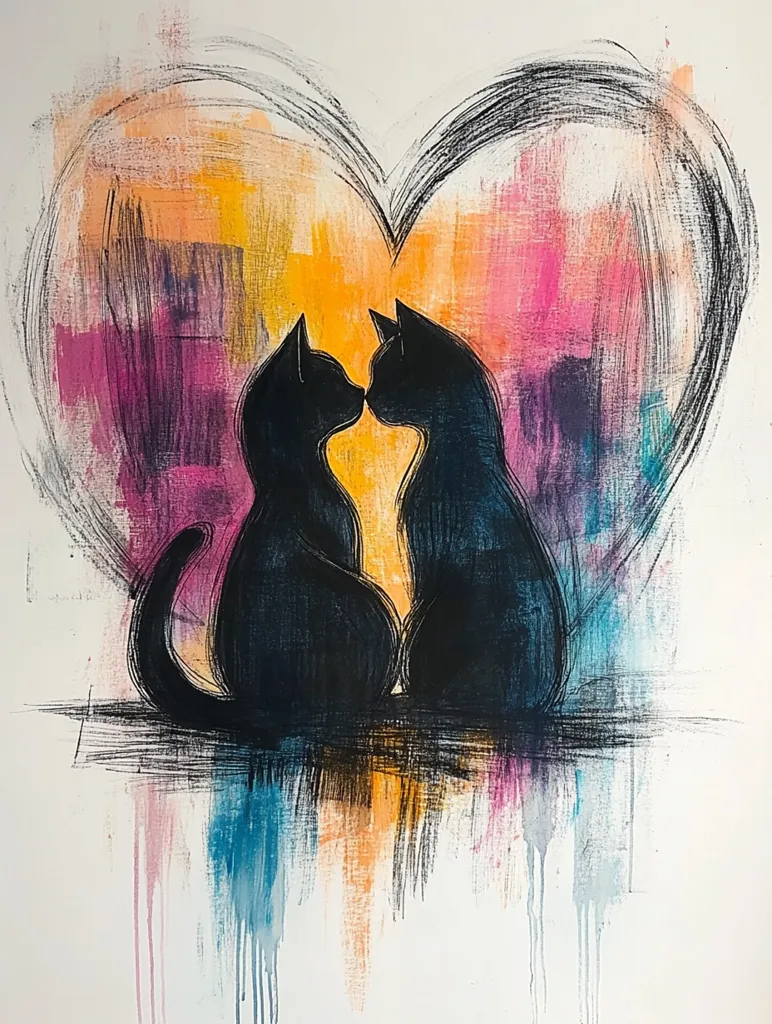A vibrant abstract painting depicts two black cats nestled together, their heads touching in a gentle embrace within a large, sketched heart. The heart is filled with a colorful blend of pinks, oranges, and blues, creating a warm and loving atmosphere. The cats' silhouettes are stark against the bright background, emphasizing their connection. The overall style is expressive and romantic.