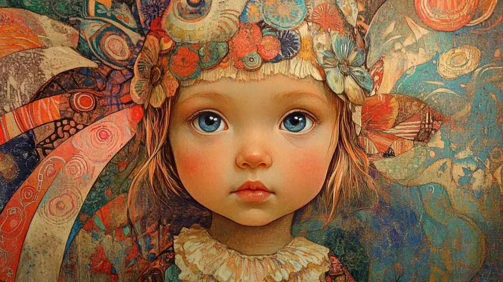 A young girl with striking blue eyes is the focal point of a richly textured painting.  She wears a whimsical headdress adorned with colorful flowers and intricate patterns. The background is a vibrant collage of swirling shapes and organic forms, creating a fantastical and dreamlike atmosphere. The girl's expression is serene and captivating, emphasizing the artwork's imaginative and artistic style.