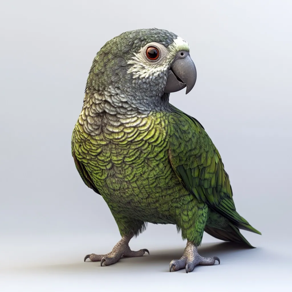 A vibrant green parrot, predominantly green with gray feathers on its head and neck, stands against a plain white background.  Its plumage is detailed and textured, showing individual feathers. The bird's dark gray beak and bright red eye are clearly visible. It's positioned slightly turned, showcasing its profile and the intricate patterns in its feathers. The parrot's feet are firmly planted, suggesting a poised stance.