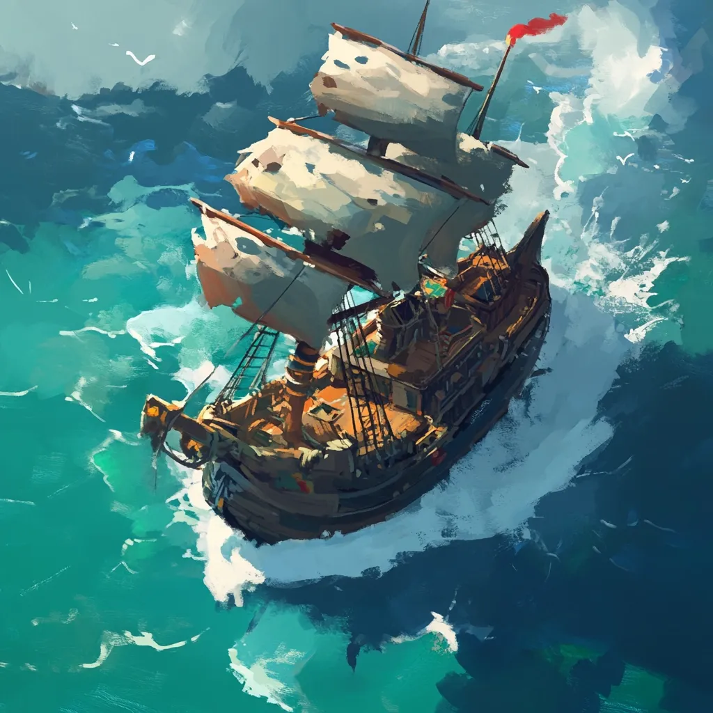 A weathered wooden sailing ship, its sails billowing, cuts through turquoise waves.  The ship, viewed from above, shows detail in its construction and rigging.  White sails contrast against the dark hull, and a small red flag is visible at the mast.  The ocean is textured, with frothy whitecaps around the vessel, suggesting a dynamic sea journey.  A sense of adventure and exploration pervades the image.